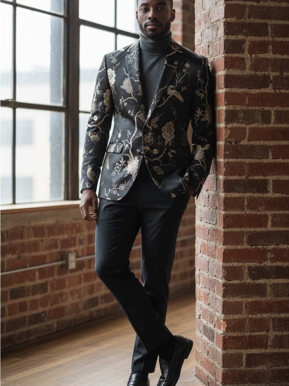 NWT Mogu Men’s size 44 Black and Gold Metallic Floral Blazer